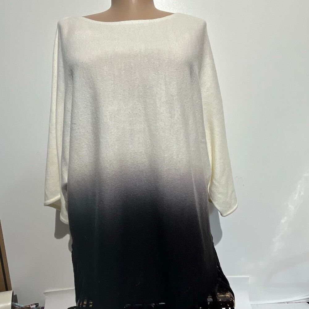 NY Collection Women's Cream Black Ombre Fringe Boat Neck Knit Blouse Petite XL